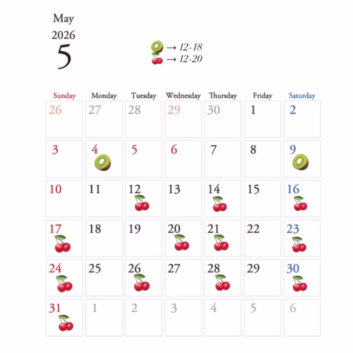 5月の出勤予定カレンダー🎏
 
 5/1～10はお店がGW料金となります.ᐟ.ᐟ
 
 予定に変更でた際はご了承ください🥺💦
 
 2週間前よりヒメ予約も受け付けてます💌
 (お名前/コース/時間)をご連絡くださいっ