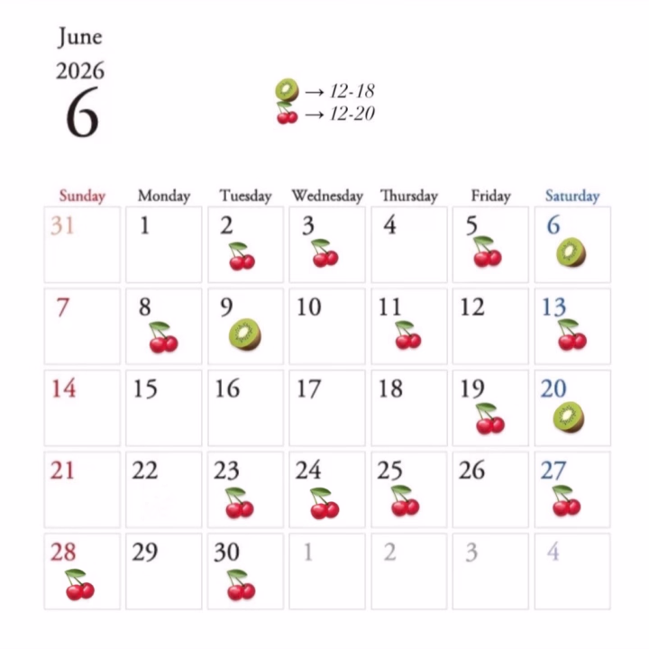 6月の出勤予定カレンダー☔️
※少し変更でましたっ
 
誕生日ﾏﾝｽなので沢山遊びに来てもらえたら嬉しいです💐
 
 予定に変更でた際はご了承ください🥺💦
 
 2週間前よりヒメ予約も受け付けてます💌
 (お名前/コース/時間)をご連絡くださいっ