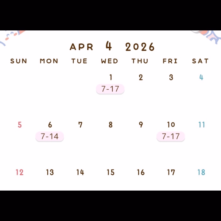 こんにちは〜🙂‍↕️✨

４月の予定になります！

いまだに自分からが花粉があるのか微妙なところですが多分鼻がやられてるので花粉症な気がします（＾ω＾）👍👍



早いですが４月もよろしくお願いします🩷

ちなみに３月は来週の朝少しと


２６日（木）17-22

３０日（月）7-14

いるのでよろしくお願いします🙇