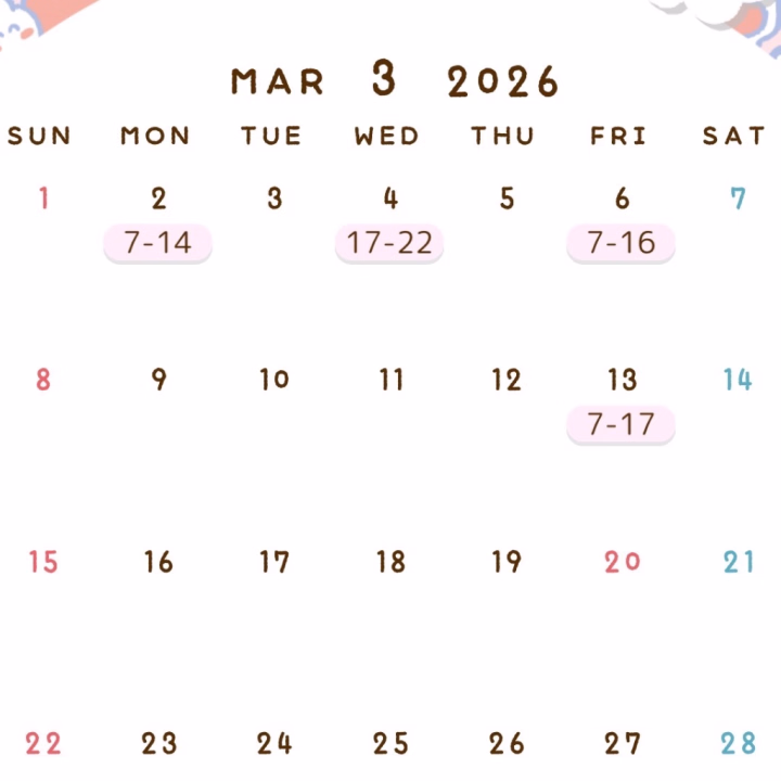 こんばんは！

今日は体調優れなくて予定開けてくれたのに会えなかったお兄さま方すみません😭💦

3月の今のところ確定してる予定になります！よろしくお願いします🙇