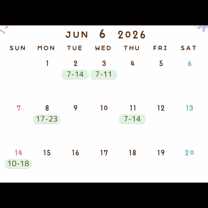 こんばんは！

最近体調が優れず本日おやすみ頂いてすみません（ ｉ _ ｉ ）

29日は大丈夫なので5月最後もよろしくお願いします🙇🤍


6月の前半の予定になります！

よろしくお願いします☺️