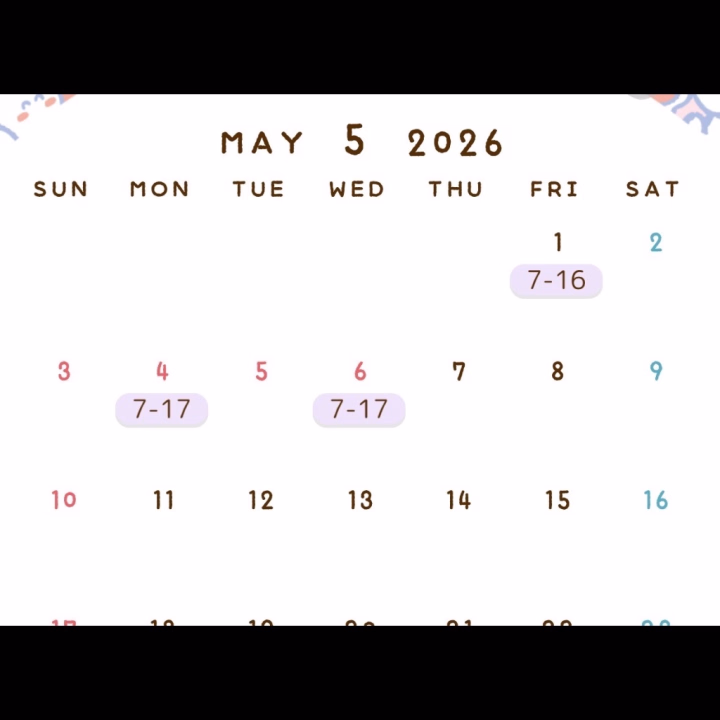 こんばんは〜＾＾👋

５月の予定出すの遅くなりましたがすみません🙇

前半確定してる予定になります！

GWもいるのでご都合合えば嬉しいです〜（＾ν＾）

明日もよろしくお願いします！