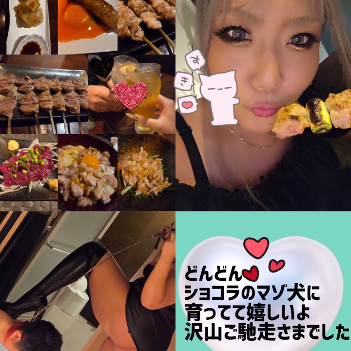 毎月会いに来てくれてありがとうね🖤
ロングコースでご飯もありがとね！！

ショコラが好きな焼鳥屋さんに行ってたーくさん食べれて嬉しかったよ💋
ご馳走さまでした🖤
ショコラといると胸いっぱいだってほとんど食べないからほぼ私が食べてるけどねー🖤笑
どんどんショコラのマゾ犬に育ってて嬉しいよ😈
今日の特別なアレもねー
あ、今日の反省点もあるよね？😈

また来月会えるの楽しみにしてるからねー🖤