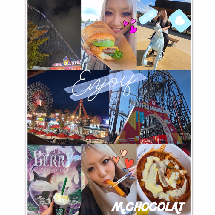 皆さんお久しぶりー！！
全然アップしてなくてごめんねぇ😱
意外と楽しみにしてくれてる方々居てくれてショコラは嬉しい！
なのに久しぶりになっちゃってごめんねー！！

こないだどれくらいぶりかわからないくらいに富士急行ってきたー🎢
あ、見ての通り晴れ女なのでめちゃくちゃ晴れでしたっ☀️
FUJIYAMA2回、ええじゃないか2回、高飛車1回、zokkon1回、トンデミーナ1回乗ったのぉー！！！！
まぁーじで面白かった🤩
絶叫巡りみたいになったー！！
ええじゃないかは1回目は終始目を閉じて乗りました🤣
でも二回目はちゃんと目を開けて叫びながら乗ったよ。笑
トンデミーナのおもしろ話は会った時に聞いてー！笑
美味しいハンバーガー🍔も食べたし超絶楽しかった🫶

違う日に行ったご飯も大好きなやつ💗甘辛くて最高なんだよねぇ！
美味しすぎるぅー！！
ブンモジャとか韓国春雨とかちゅるんちゅるんで好きすぎる💗
麻辣湯も好きだから美味しいお店知ってたら教えてね😋