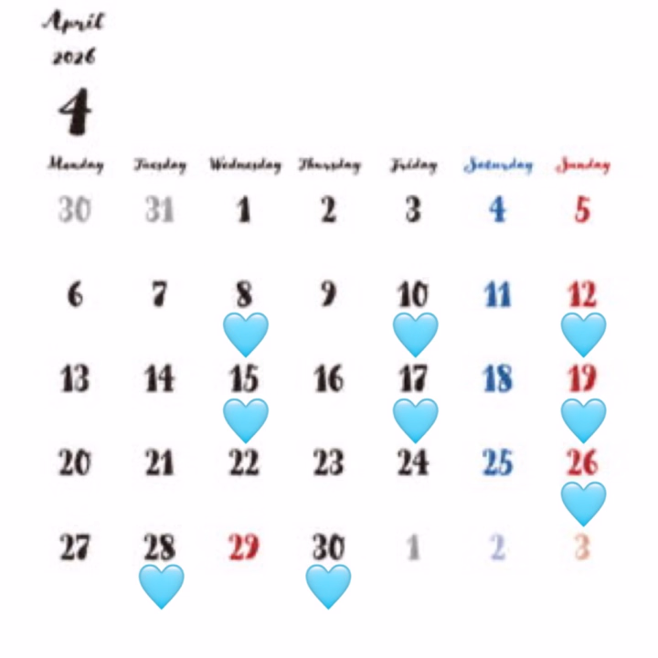 4月のスケジュールです！

🩵→19時からラスト

ヒメ予約お待ちしてます〜ᐠ( ᐢ ᵕ ᐢ )ᐟ