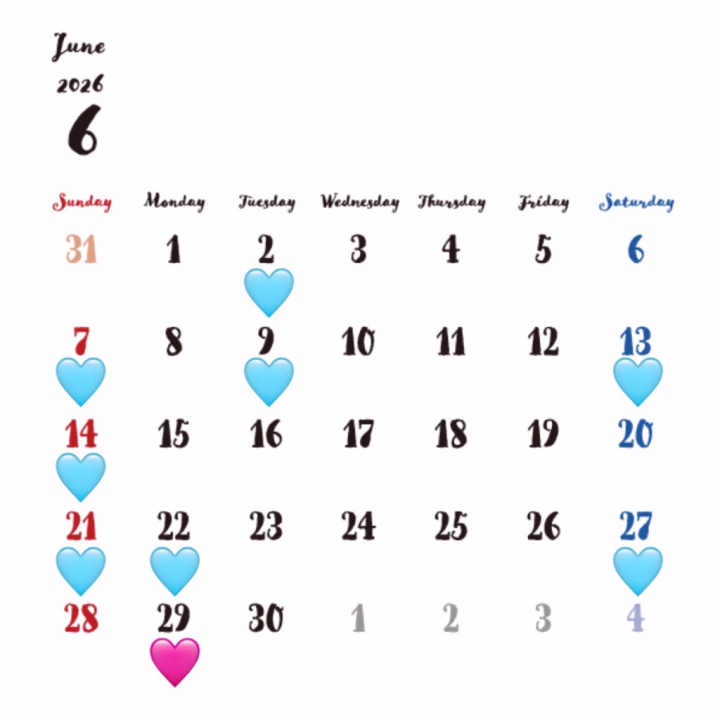 こんにちは✨

6月のスケジュールです！！

🩷→7時〜13時
🩵→19時〜ラスト

今月は週末多めですᐠ( ᐢ ᵕ ᐢ )ᐟ

たくさんの予約お待ちしてます🎶