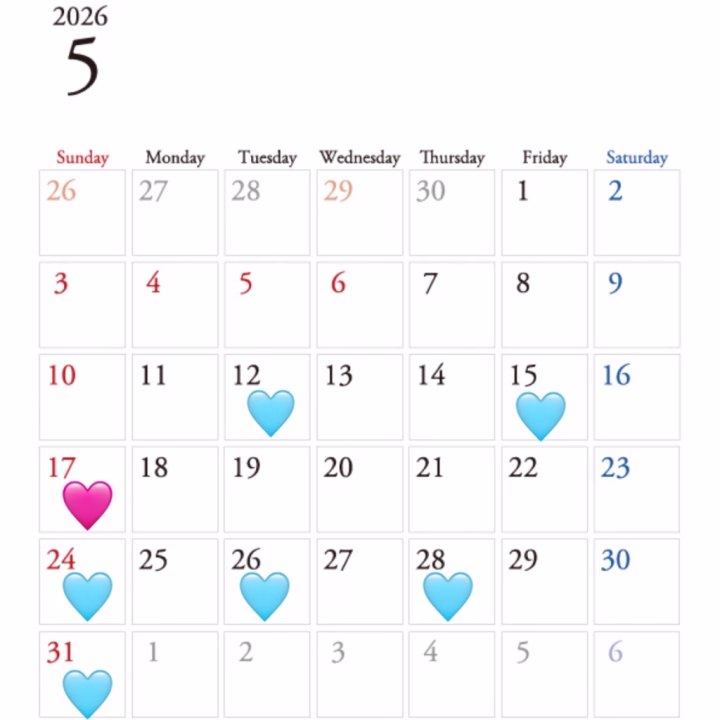 クラブハートのまゆです🤍

5月のスケジュールです！
よろしくお願いします〜🍀

🩷→7時〜13時
🩵→19時〜ラスト