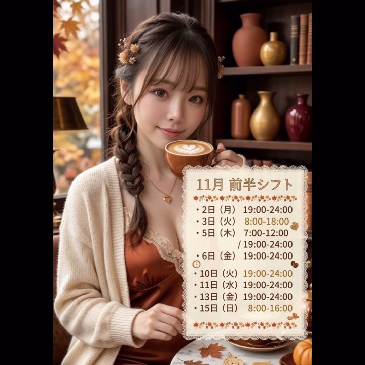 お待たせしましたっ💖 
11月前半のスケジュールです( ⁎ᵕᴗᵕ⁎ )✨

最近すっかり寒くなってきたから、
そろそろにーなのあったかいお部屋が恋しくなってる頃じゃない？🤭🍁

特に5日は朝と夜の両方にいるから、
お仕事の前でも終わってからでも、
お好きな時間に癒されにきてね🫧✨

早い時間から会いに来てくれたら、
いつもよりいっぱいたくさん可愛がっちゃうかも…(๑´ლ`๑)♡

日頃の疲れ全部忘れちゃうくらい、
誰よりも贅沢でとろけるような時間をにーなと過ごそうね？💋

早めに予定空けて「会いに行くよ」って連絡くれたら、すっごく嬉しいな🥰🥰

ご予約、楽しみにお待ちしてます(🎀•͈ᴗ•͈)🐾