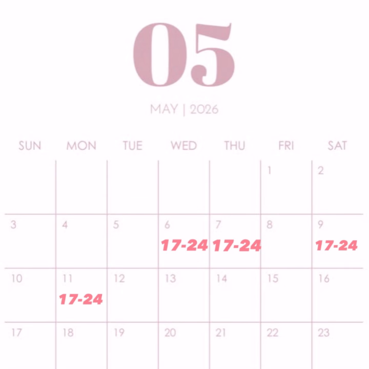 間違えて投稿してたので載せ直し失礼します🙇‍♀️

5月前半のシフトです！

5/6 17-24
5/7 17-24
5/9 17-24
5/11 17-24

待ってます🎶