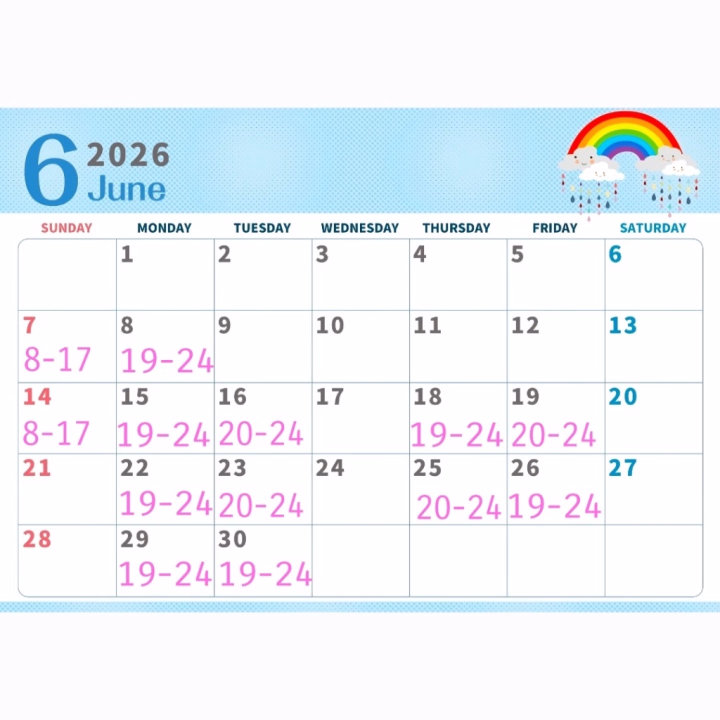 6月の出勤予定、貼るの忘れてました🥺💦

「まだかな？」って思ってたお兄さんいたらごめんなさい🙈💕

改めて更新してるので、会えそうな日チェックしてもらえたら嬉しいな🫶💗

6月もたくさん会えますように🥰

はじめましてのお兄さんも、本指さんも待ってるね🩷
