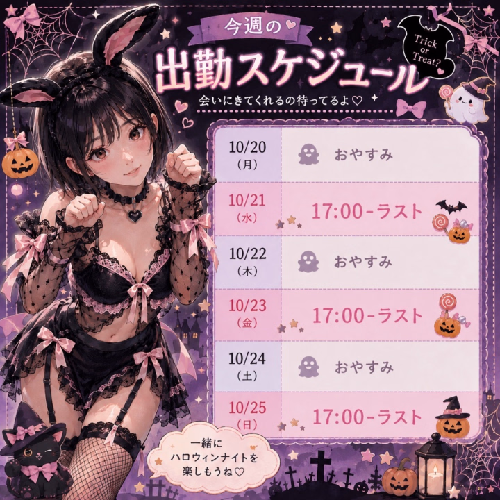 こんにちは、ねうです🐰💗
今週の出勤予定のお知らせです🎃✨
🖤 10/21(水)17:00〜ラスト
🖤 10/23(金)17:00〜ラスト
🖤 10/25(日)17:00〜ラスト
今週も3日間出勤します🫶🏻💕
もうすぐハロウィンだね🎃🦇
一緒に楽しい時間を過ごせたら嬉しいな♡
初めましてのお兄様も、いつも会いに来てくれるお兄様も、ねうに会いに来てくれたら嬉しいです🥰
今週もよろしくね🐰🎀
会えるの楽しみに待ってるね♡