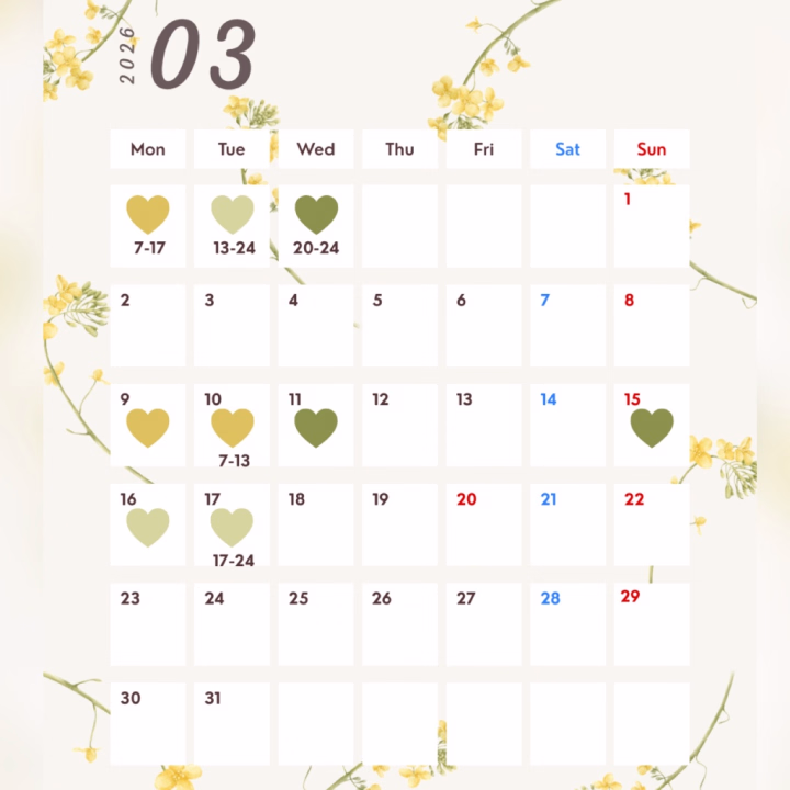 お待たせしました📣
3月前半の出勤日公開いたします💐
2/26(木)20:00〜　本指名様
2/26(木)22:00〜　はじめまして様
上記の通り予約開始です🥰

ご予約はヒメチャンネルのトークよりお問い合わせください💗

①ご予約名
②日時(◯日◯時〜◯時にスタート希望)
③コース(50分、65分、80分)
④はじめてor本指名

⚠️候補日、時間を複数ご提案いただいた方が、スムーズにご案内可能になります！
⚠️内容に抜けがあると、やり取り中に希望枠が埋まってしまう可能性もありますので、①〜④全て記入をお願いします🙇‍♀️
🕰️コースは組み合わせでロングも対応可能です！

たくさんのお誘いお待ちしています🌷💗
最新のご予約空き状況に関しては、ヒメチャンネルプロフィールに記載していく予定ですので、ぜひチェックしてください💐

♡ーー♡ーー♡ーー♡ーー♡

今回からの新たな取り組みについては、後日日記についてお知らせ予定です📣