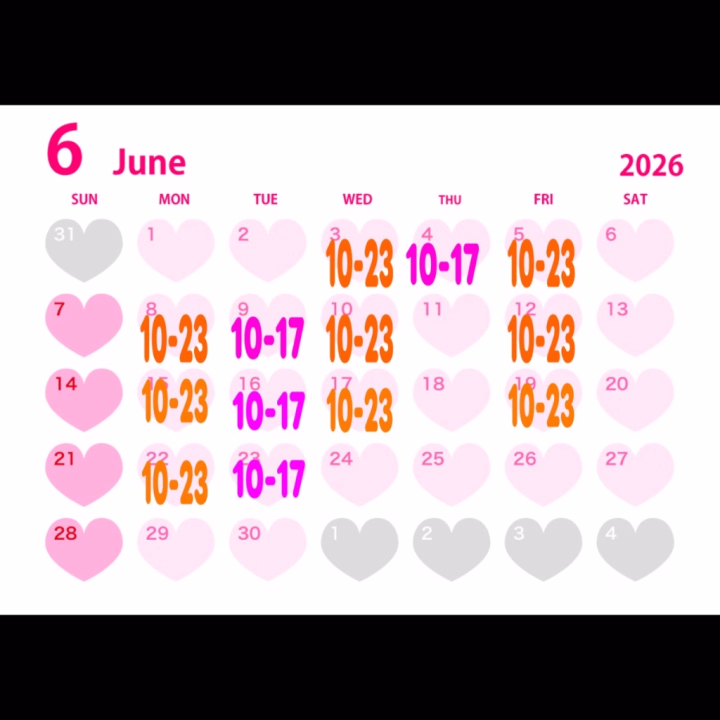 ❤️❤️６月後半の出勤表です❤️❤️

体調壊して
この前久しぶりに🚑乗りました💦
いまは完全回復してます❤️‍🩹
今日も２３時まで出勤してます🍀

会いに来てねー！🥰