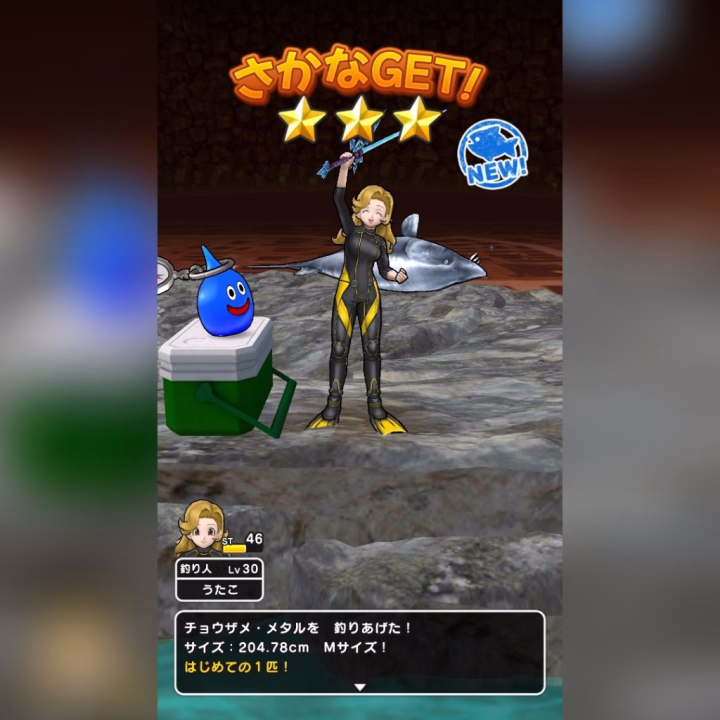 チョウザメ・メタルが釣れました〜🎣✨

お魚にもメタル系！笑
経験値もいっぱいもらえて嬉しいです🤍

#ドラクエウォーク #DQウォーク #釣り