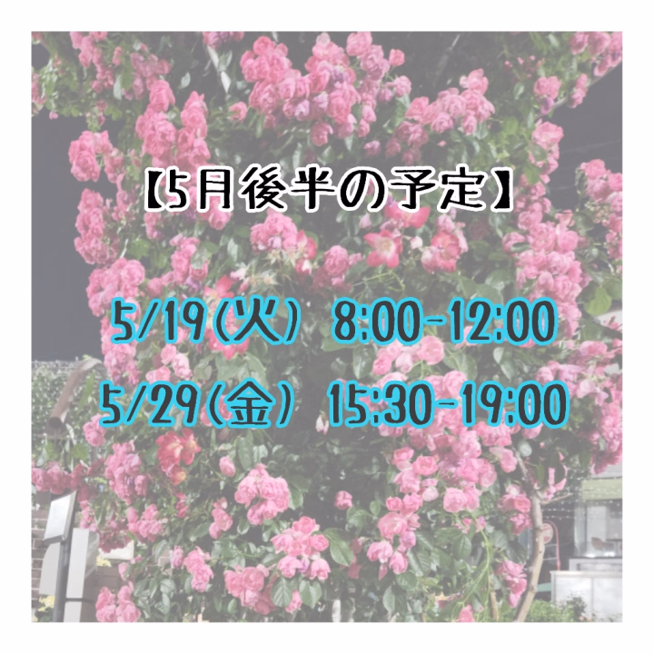 こんばんは🌛
お仕事お疲れ様です、きっかです！！

大変遅くなりましたが、5月後半の予定が決まりました✨

画像の通りになっております。
とても少ないです😭

5月後半から6月末まで本業の勤務帯が夜勤になるので、なかなか出れない＆早朝の出勤が難しくなります🙏🙇‍♀️

日中から夜の早い時間帯になりますが、ご都合合いそうなお兄様、仲良しさんがおりましたらお誘い待ってます💌  ̖́-‬

では、よろしくお願いします❣️