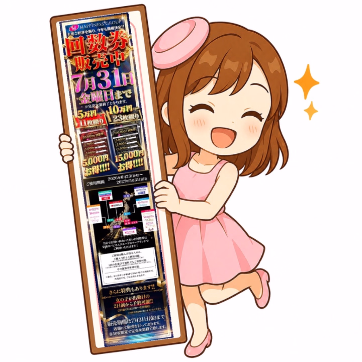 🌹今年もこの季節がやってきました🌹

ハピネスグループ恒例の
回数券販売のお知らせです📢✨


毎年楽しみにしてくださっている殿方様も多く、
「こんなに還元率の高い金券はなかなかないよ☺️」
「銀行に預けるよりお得かも🤭」



なんてお声をいただくこともあります🍀

もちろん、ご利用は計画的に…💴✨

これからも継続してご来店をお考えの方には、
とってもお得な内容になっています☺️🌸


数量限定となりますので、
気になる方はお早めに
お店にお問い合わせくださいね💕



ひなの
